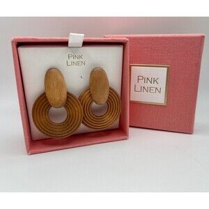 PINK LINEN Wood Engraved Circle Dangle Earrings New